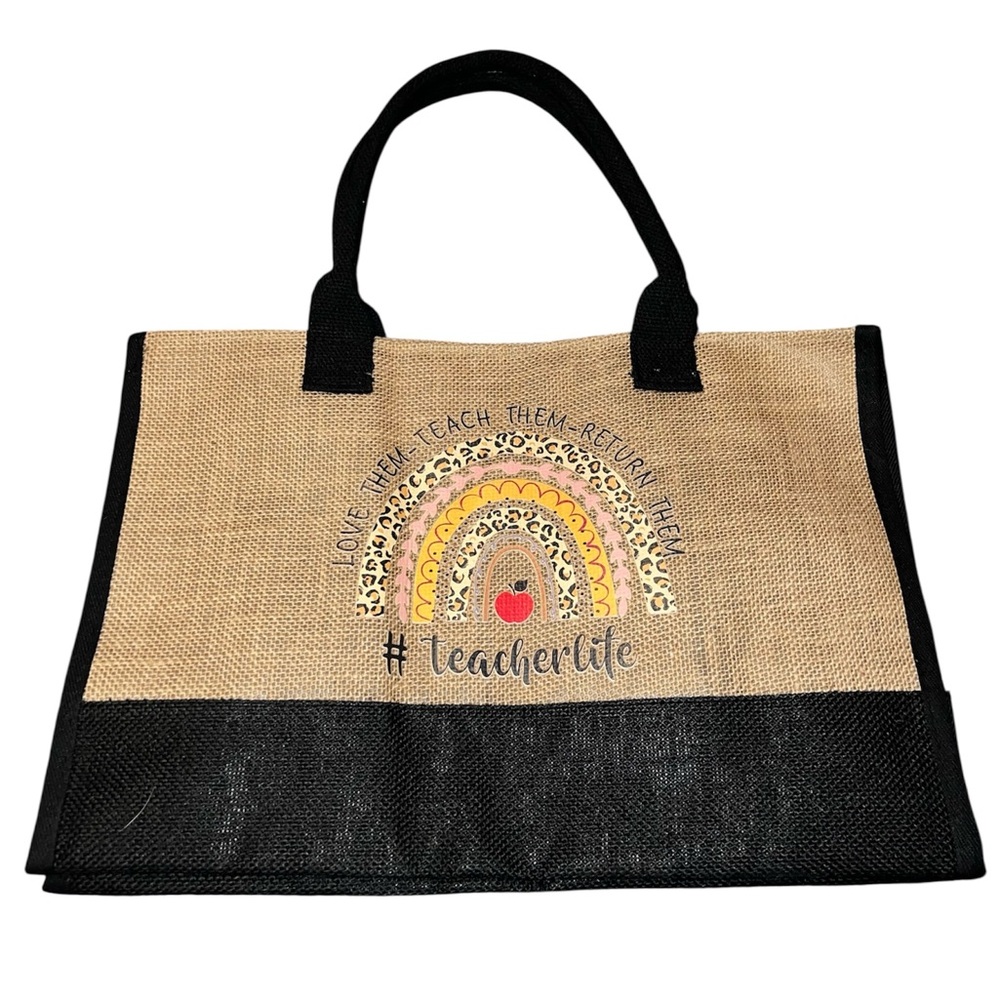 Teacher Life Jute Tote Bag - Black and Tan